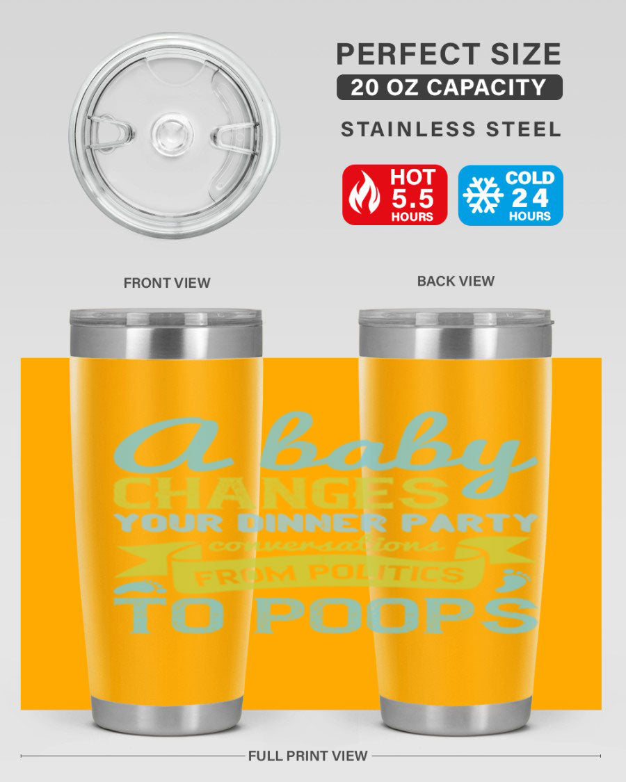 A stylish double wall vacuum stainless steel tumbler with a humorous quote about parenting, showcasing its sleek design and drink-thru lid.