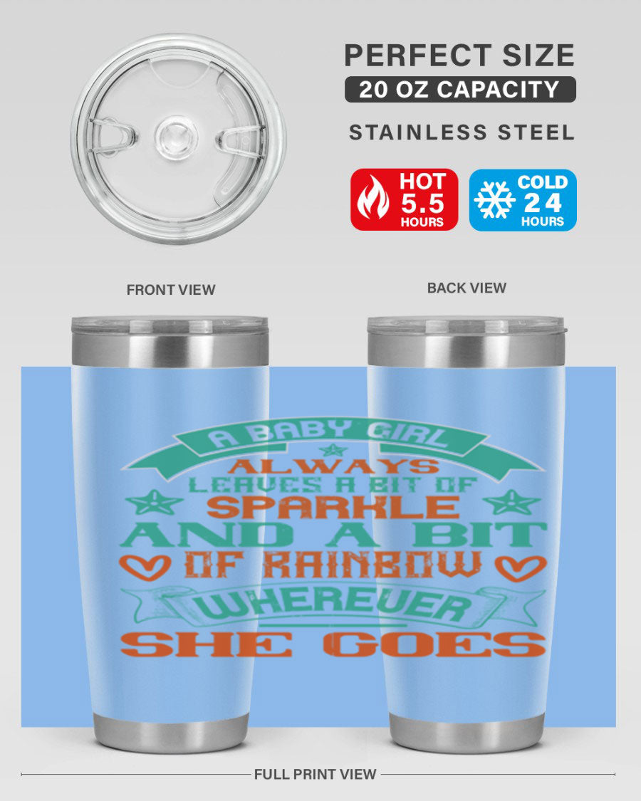 A vibrant stainless steel tumbler featuring a design that captures the essence of a baby girl, showcasing sparkle and rainbow colors.