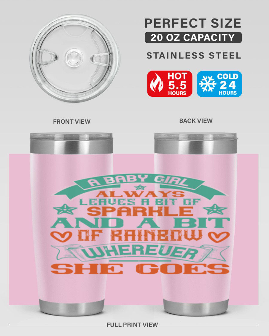 A vibrant stainless steel tumbler featuring a design that captures the essence of a baby girl, showcasing sparkle and rainbow colors.