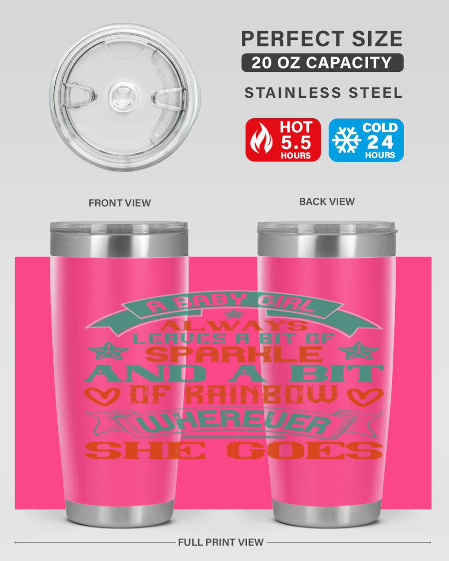 A vibrant stainless steel tumbler featuring a design that captures the essence of a baby girl, showcasing sparkle and rainbow colors.