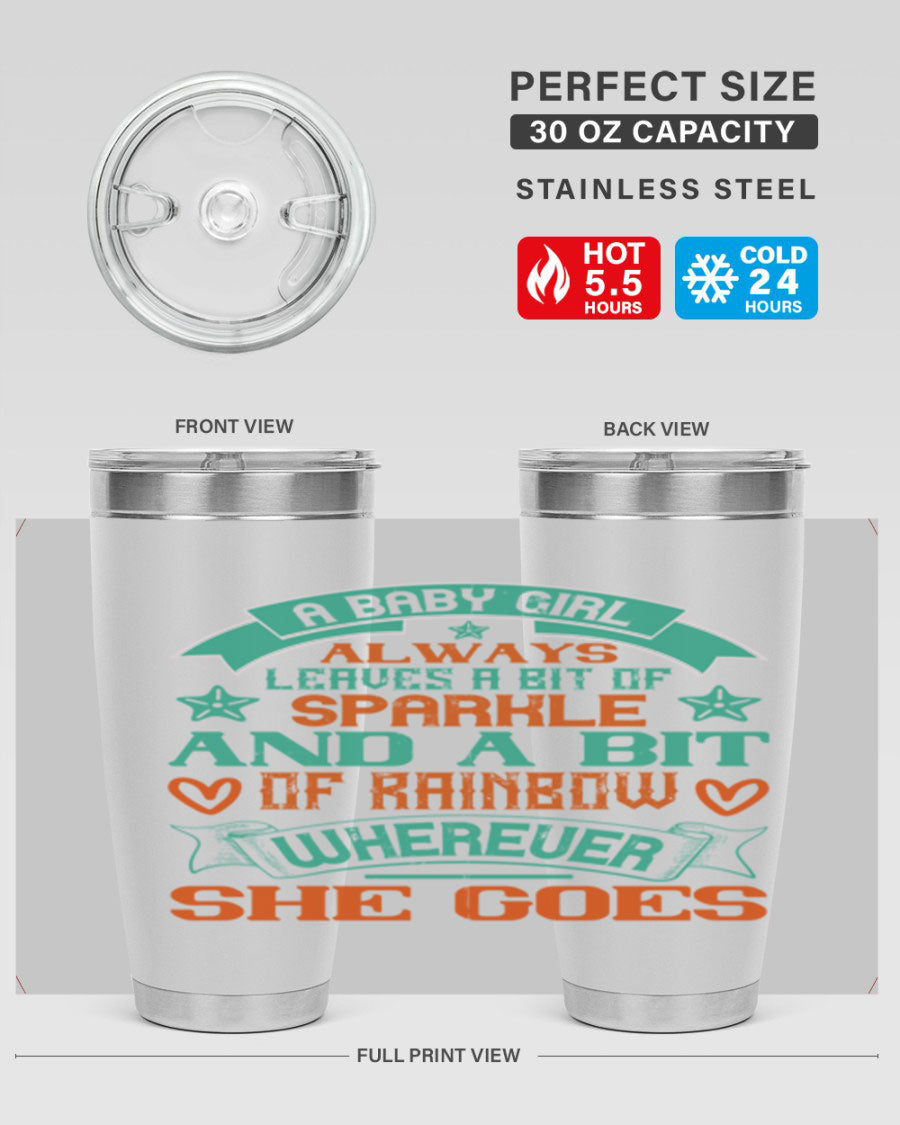 A vibrant stainless steel tumbler featuring a design that captures the essence of a baby girl, showcasing sparkle and rainbow colors.