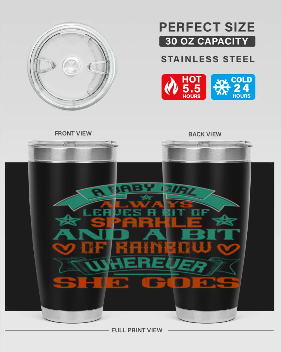 A vibrant stainless steel tumbler featuring a design that captures the essence of a baby girl, showcasing sparkle and rainbow colors.