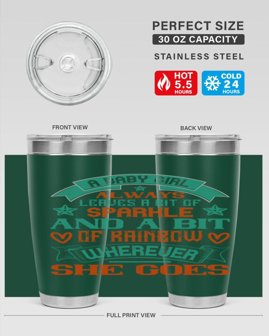 A vibrant stainless steel tumbler featuring a design that captures the essence of a baby girl, showcasing sparkle and rainbow colors.