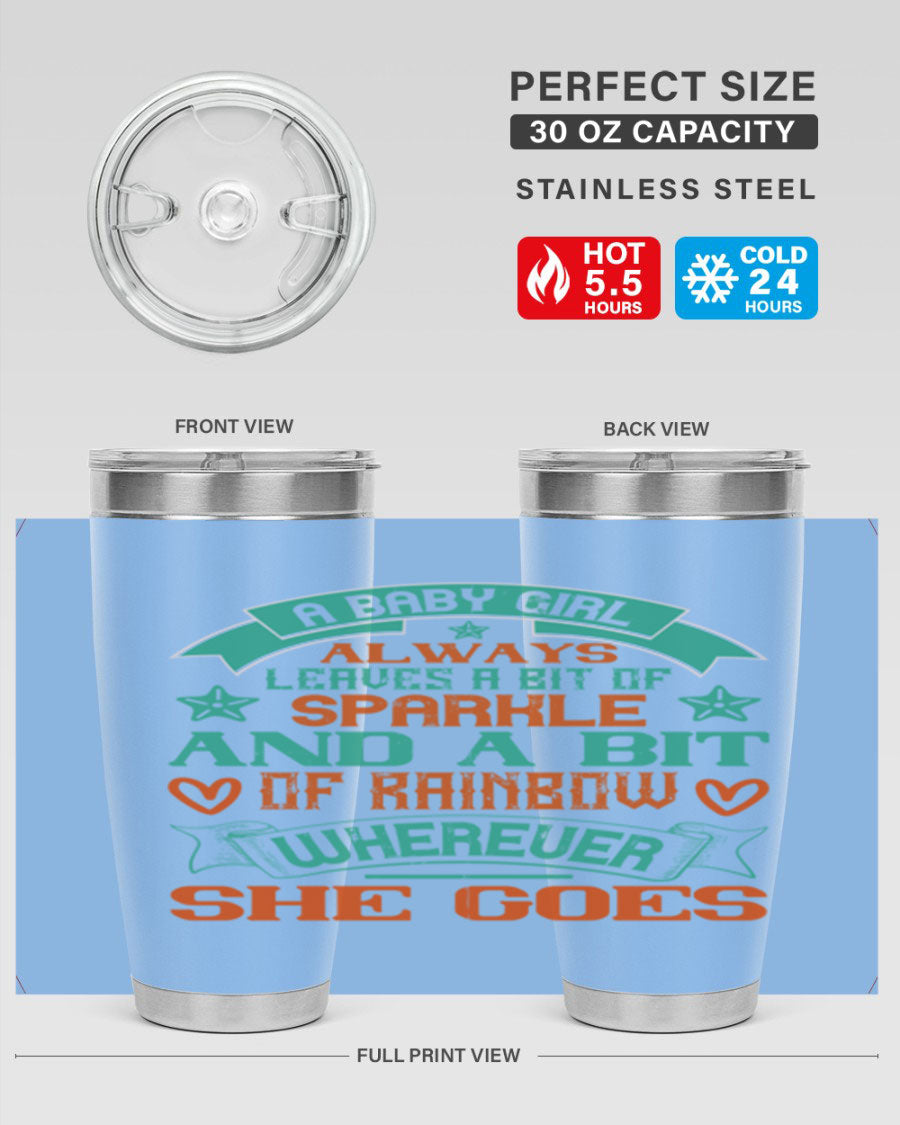 A vibrant stainless steel tumbler featuring a design that captures the essence of a baby girl, showcasing sparkle and rainbow colors.