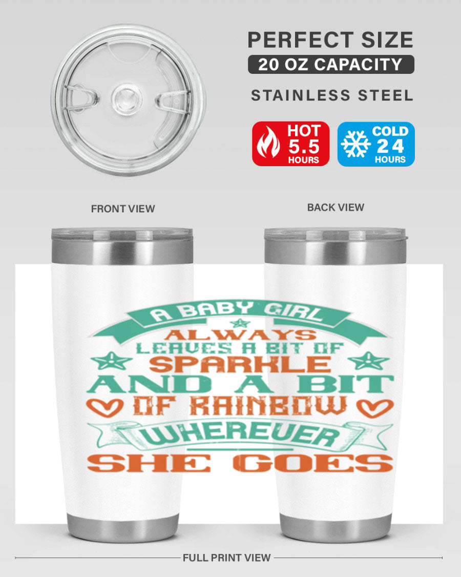 A vibrant stainless steel tumbler featuring a design that captures the essence of a baby girl, showcasing sparkle and rainbow colors.