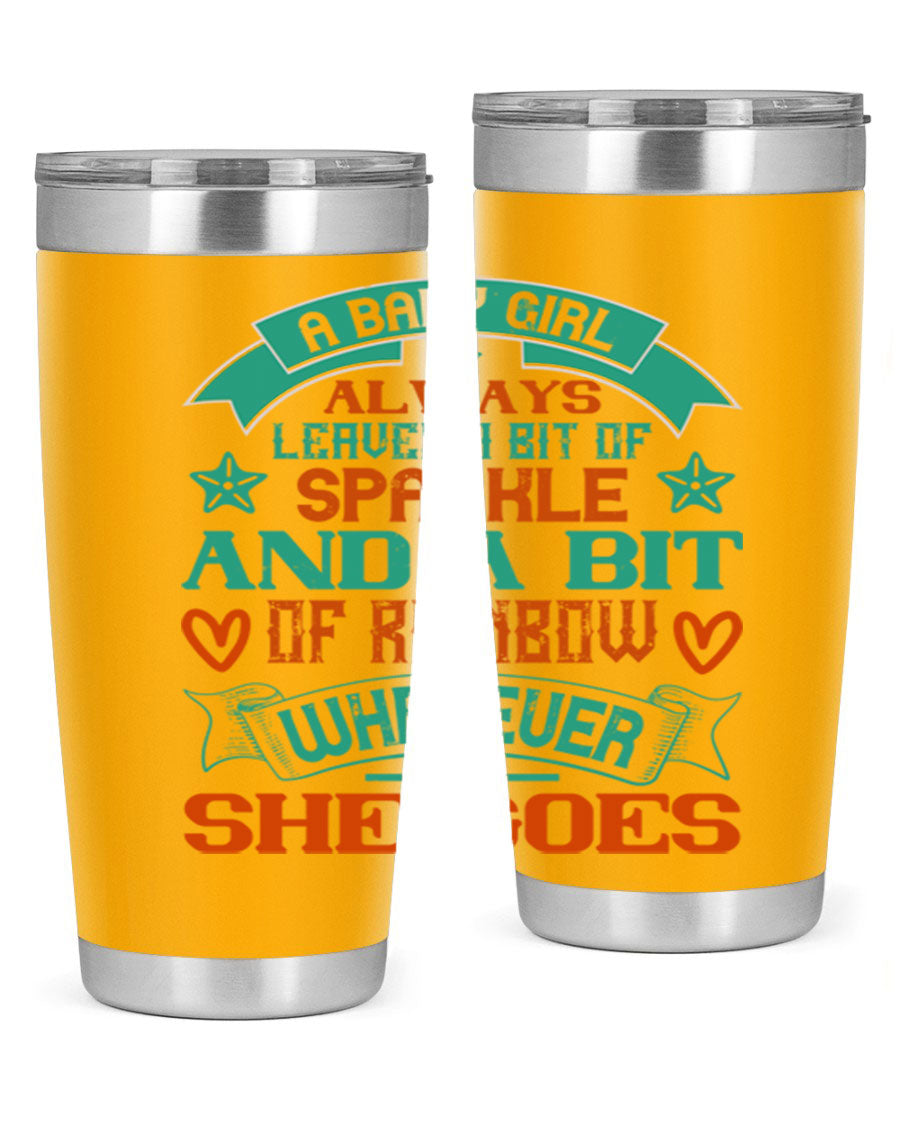 A vibrant stainless steel tumbler featuring a design that captures the essence of a baby girl, showcasing sparkle and rainbow colors.