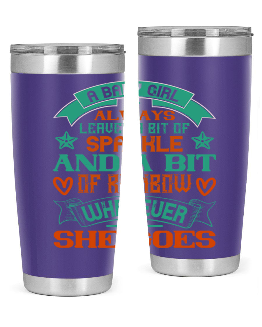 A vibrant stainless steel tumbler featuring a design that captures the essence of a baby girl, showcasing sparkle and rainbow colors.