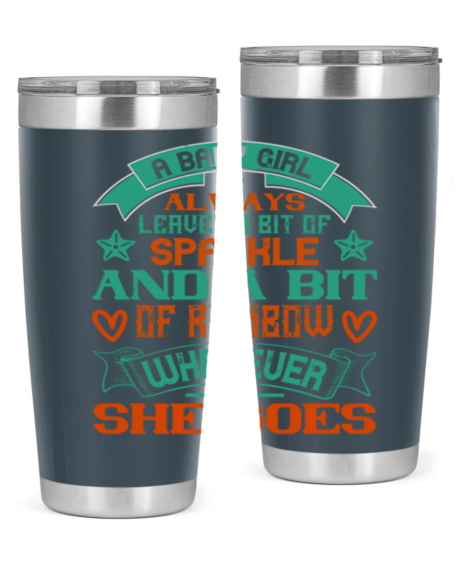 A vibrant stainless steel tumbler featuring a design that captures the essence of a baby girl, showcasing sparkle and rainbow colors.