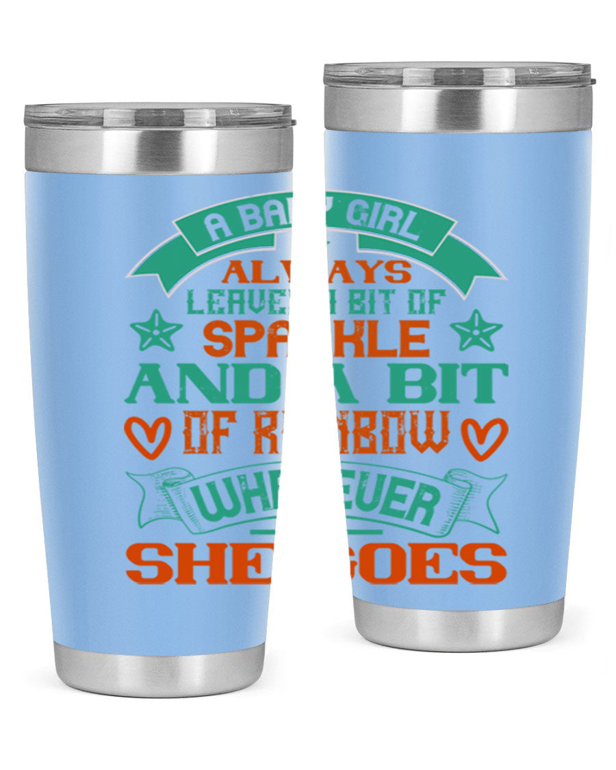A vibrant stainless steel tumbler featuring a design that captures the essence of a baby girl, showcasing sparkle and rainbow colors.