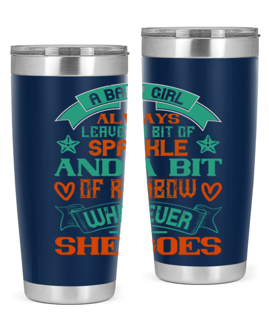 A vibrant stainless steel tumbler featuring a design that captures the essence of a baby girl, showcasing sparkle and rainbow colors.