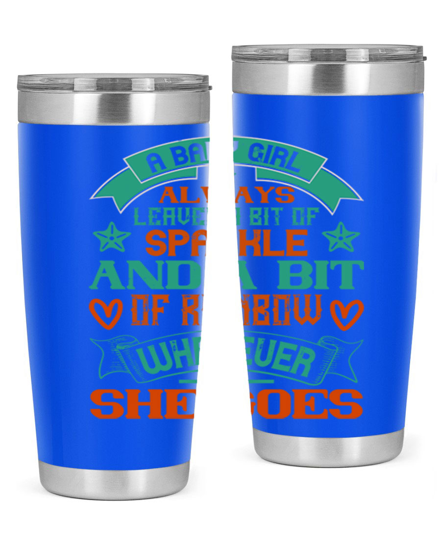 A vibrant stainless steel tumbler featuring a design that captures the essence of a baby girl, showcasing sparkle and rainbow colors.