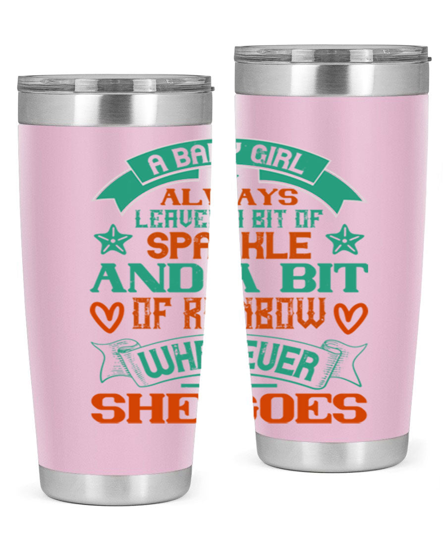 A vibrant stainless steel tumbler featuring a design that captures the essence of a baby girl, showcasing sparkle and rainbow colors.