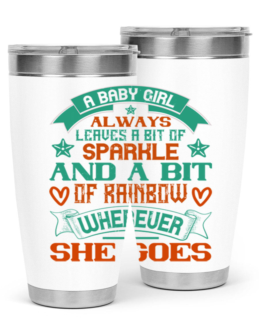 A vibrant stainless steel tumbler featuring a design that captures the essence of a baby girl, showcasing sparkle and rainbow colors.