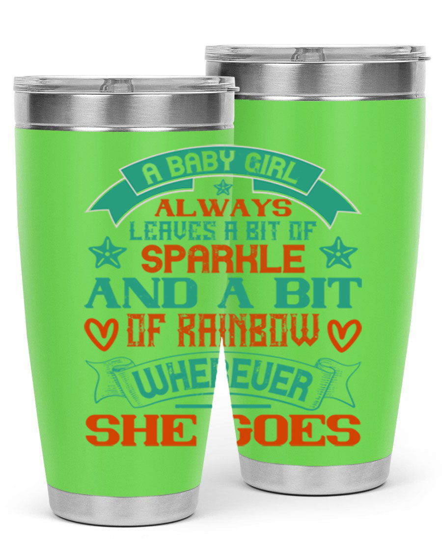 A vibrant stainless steel tumbler featuring a design that captures the essence of a baby girl, showcasing sparkle and rainbow colors.