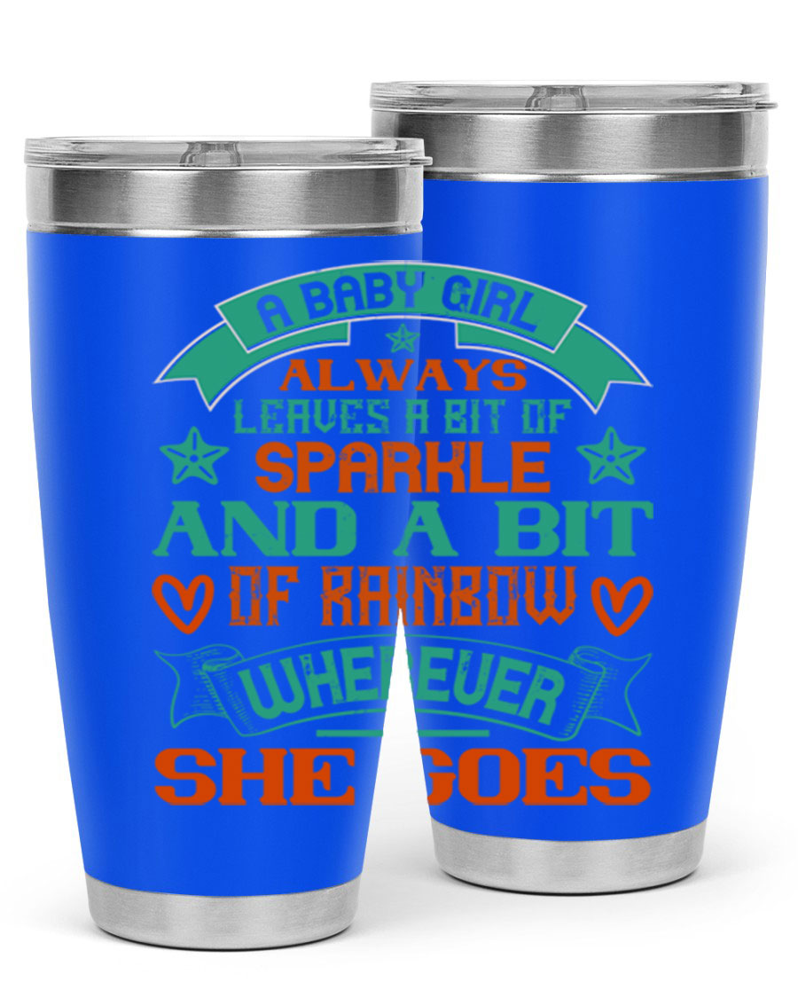 A vibrant stainless steel tumbler featuring a design that captures the essence of a baby girl, showcasing sparkle and rainbow colors.