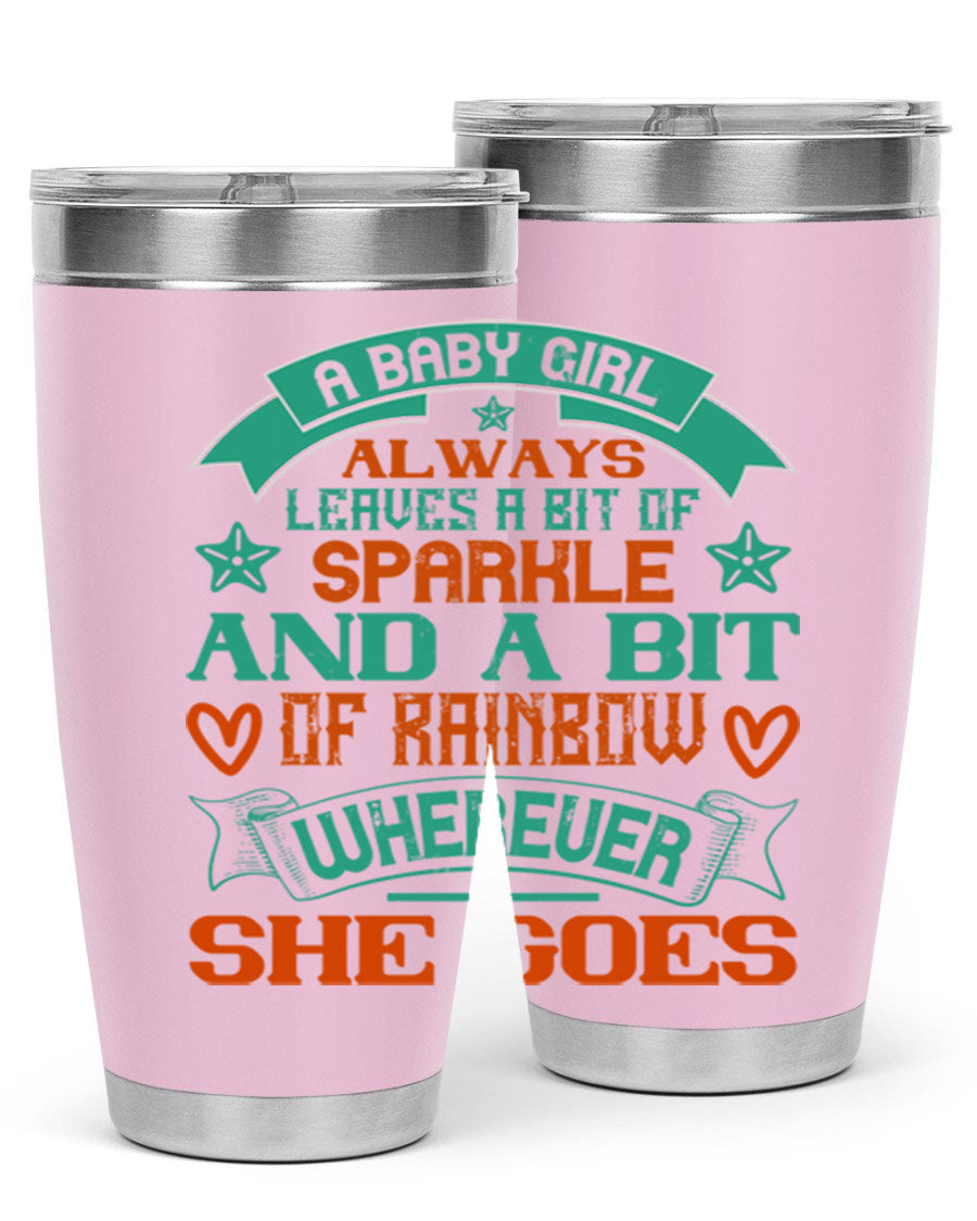 A vibrant stainless steel tumbler featuring a design that captures the essence of a baby girl, showcasing sparkle and rainbow colors.