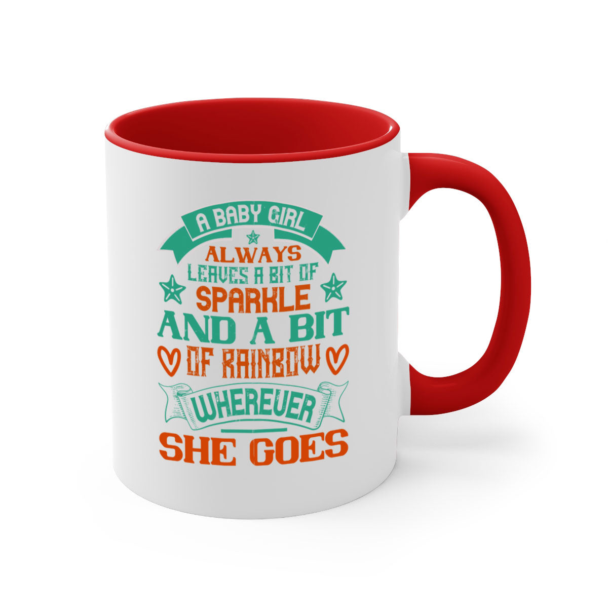 A colorful two-tone ceramic mug with a glossy finish, featuring a design that embodies a baby girl's sparkle and rainbow.