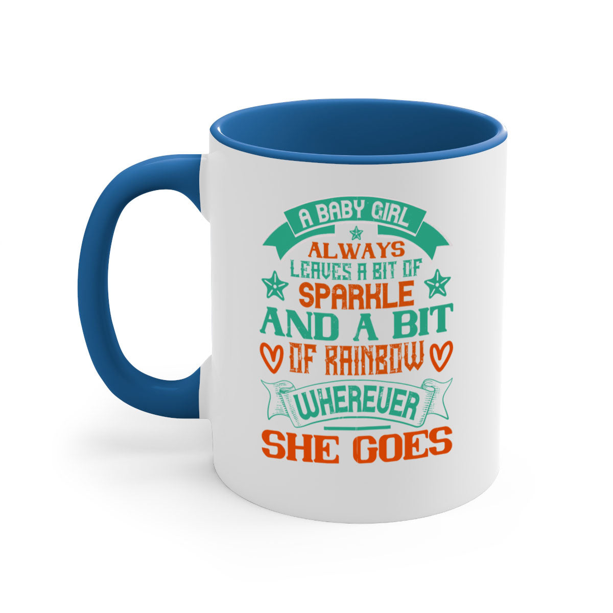 A colorful two-tone ceramic mug with a glossy finish, featuring a design that embodies a baby girl's sparkle and rainbow.