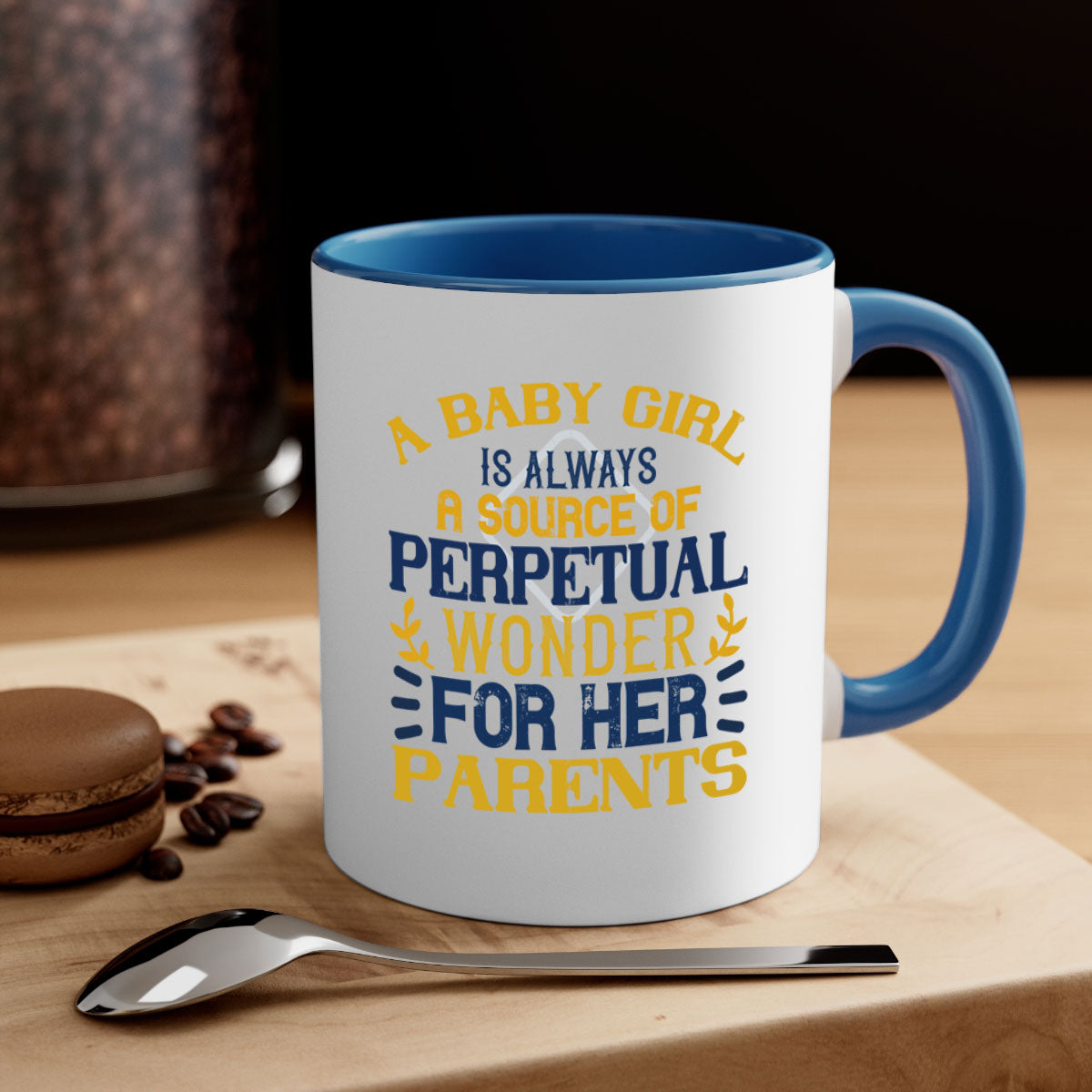 A stylish two-tone coffee mug featuring a colored handle and interior, perfect for celebrating a baby girl.