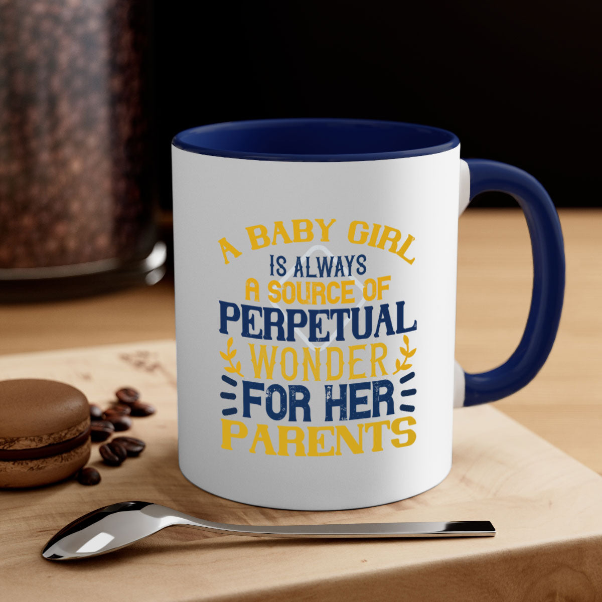 A stylish two-tone coffee mug featuring a colored handle and interior, perfect for celebrating a baby girl.