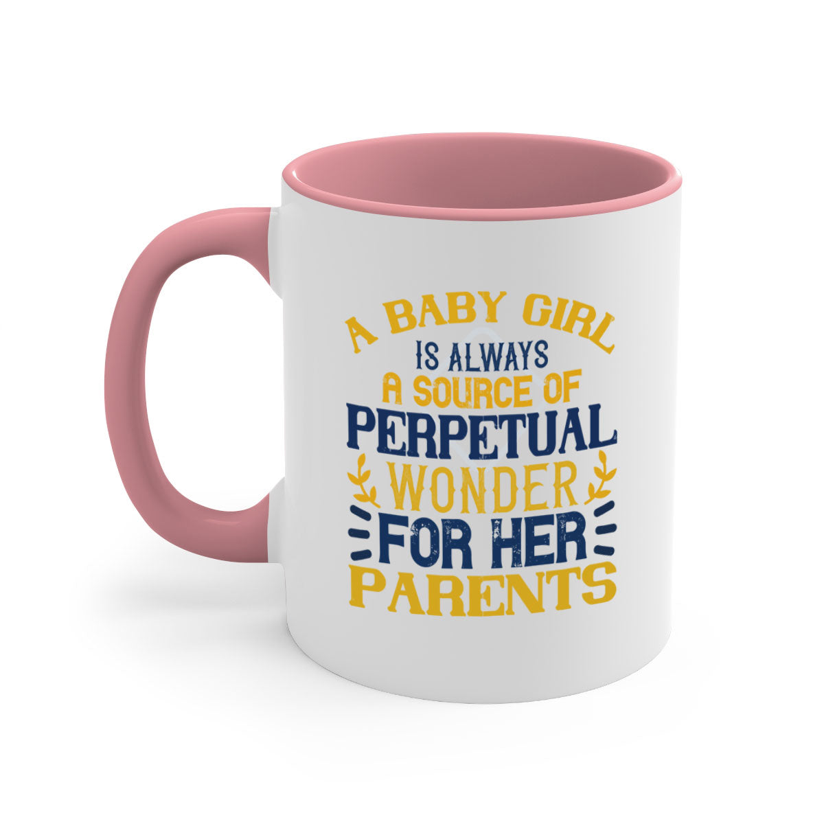 A stylish two-tone coffee mug featuring a colored handle and interior, perfect for celebrating a baby girl.