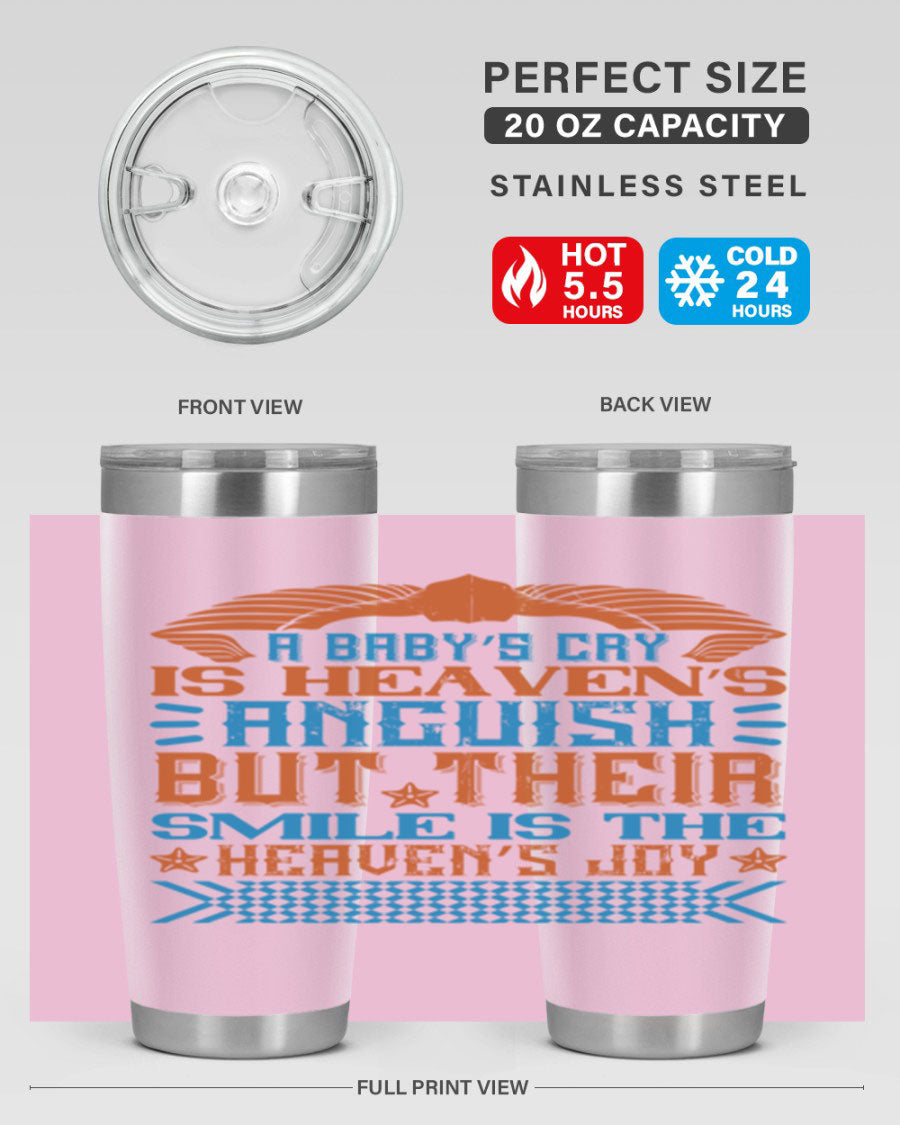 20oz and 30oz stainless steel tumblers with a heartfelt design about babies, featuring a press-in lid and double wall vacuum insulation.