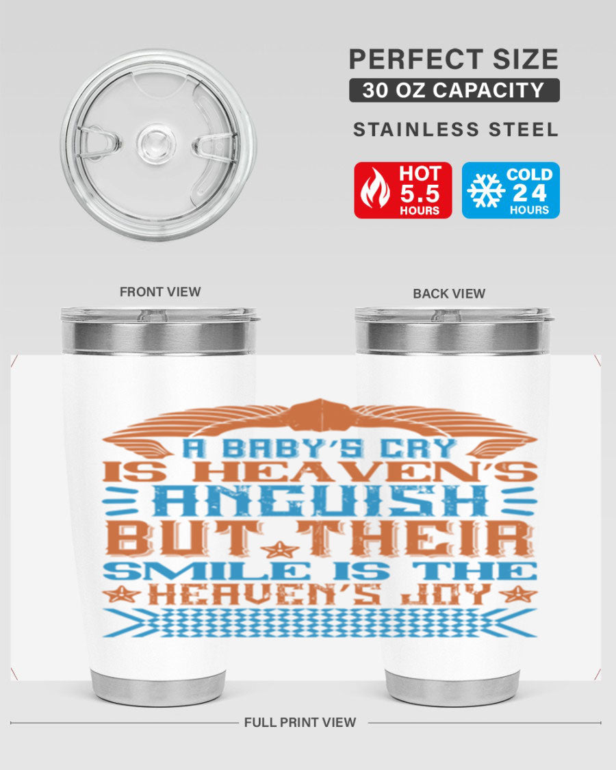 20oz and 30oz stainless steel tumblers with a heartfelt design about babies, featuring a press-in lid and double wall vacuum insulation.