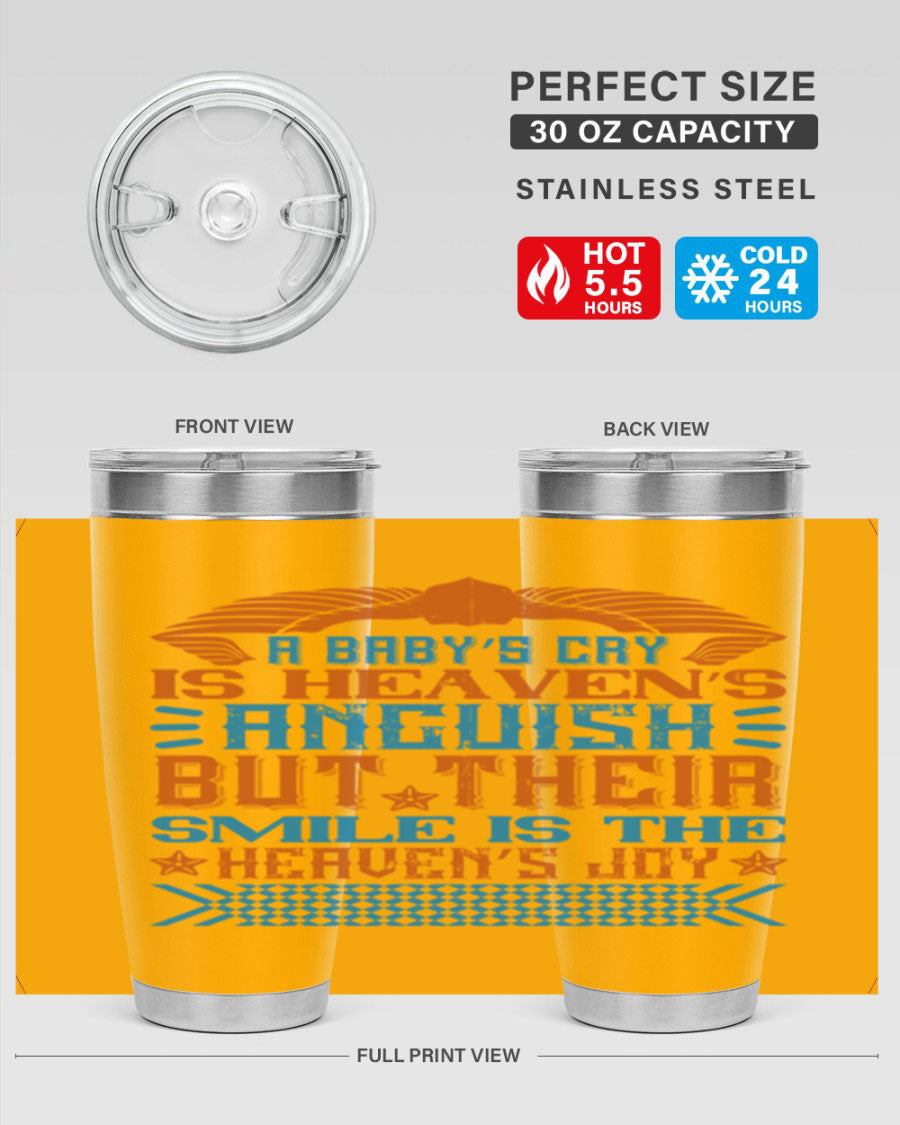 20oz and 30oz stainless steel tumblers with a heartfelt design about babies, featuring a press-in lid and double wall vacuum insulation.