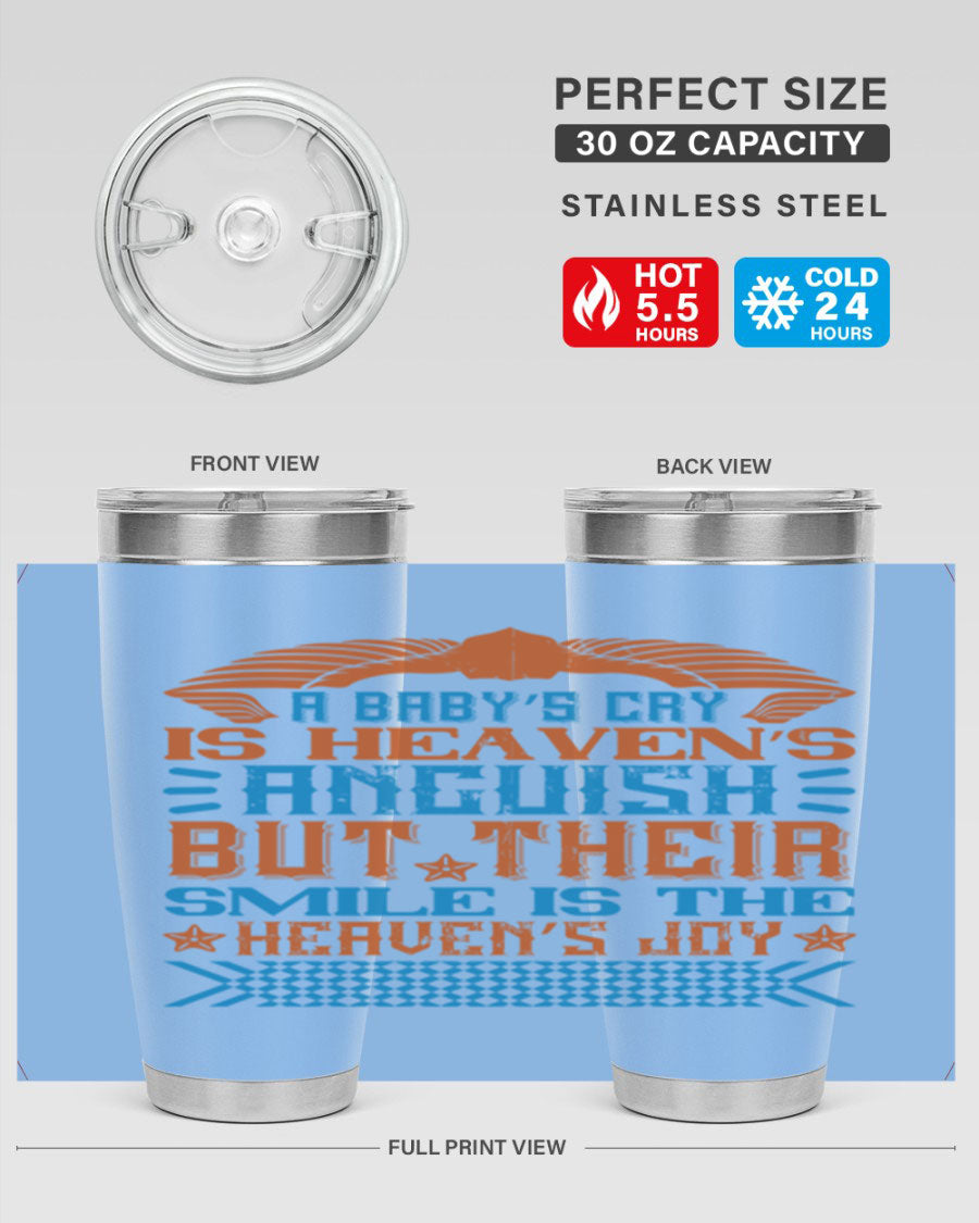 20oz and 30oz stainless steel tumblers with a heartfelt design about babies, featuring a press-in lid and double wall vacuum insulation.