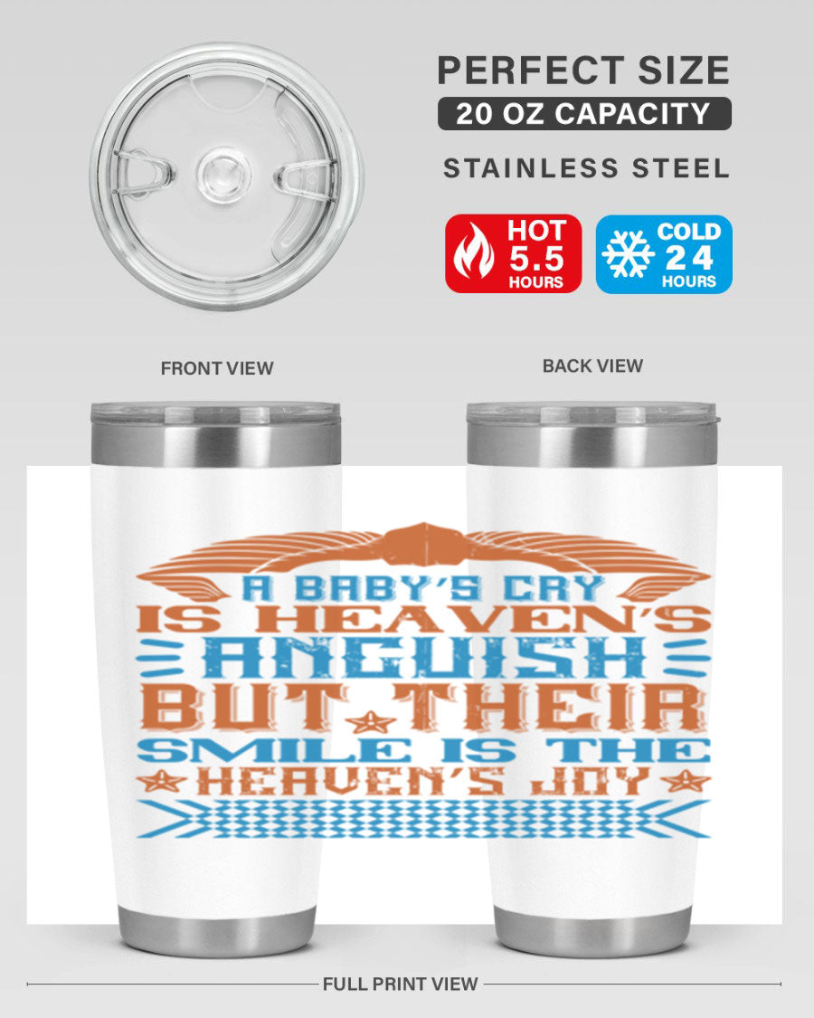 20oz and 30oz stainless steel tumblers with a heartfelt design about babies, featuring a press-in lid and double wall vacuum insulation.