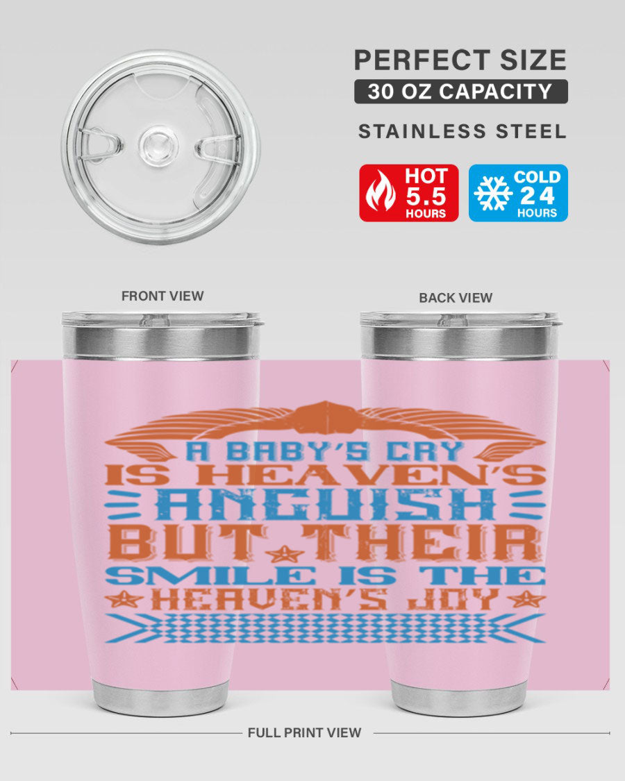20oz and 30oz stainless steel tumblers with a heartfelt design about babies, featuring a press-in lid and double wall vacuum insulation.