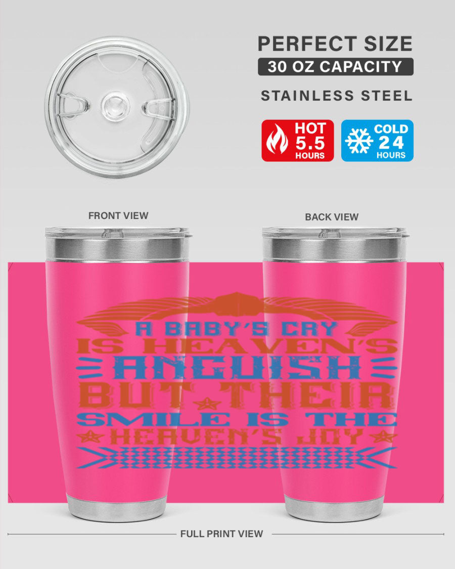 20oz and 30oz stainless steel tumblers with a heartfelt design about babies, featuring a press-in lid and double wall vacuum insulation.