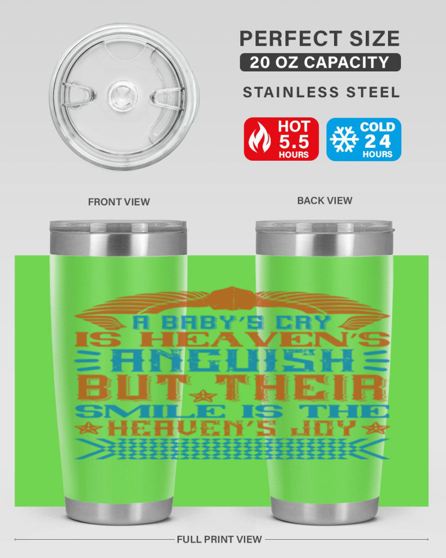 20oz and 30oz stainless steel tumblers with a heartfelt design about babies, featuring a press-in lid and double wall vacuum insulation.