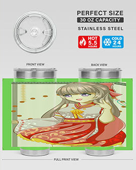 A vibrant tumbler featuring a happy girl in a kimono, showcasing its double wall stainless steel design.