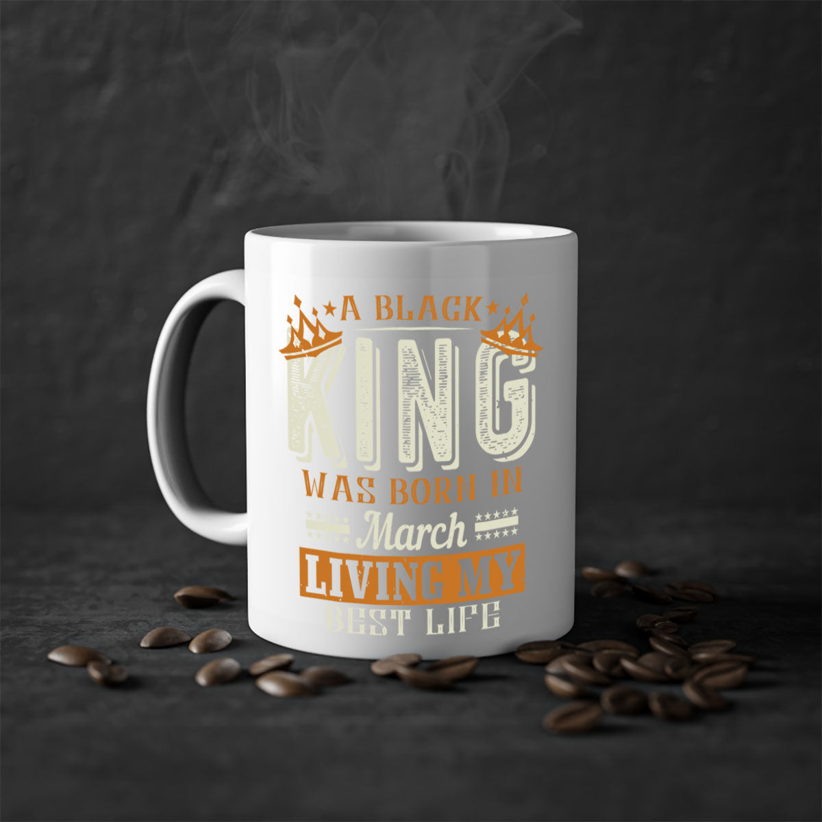 A stylish two-tone ceramic mug with a black handle and interior, featuring the phrase 'A Black King Was Born in March' in elegant font.