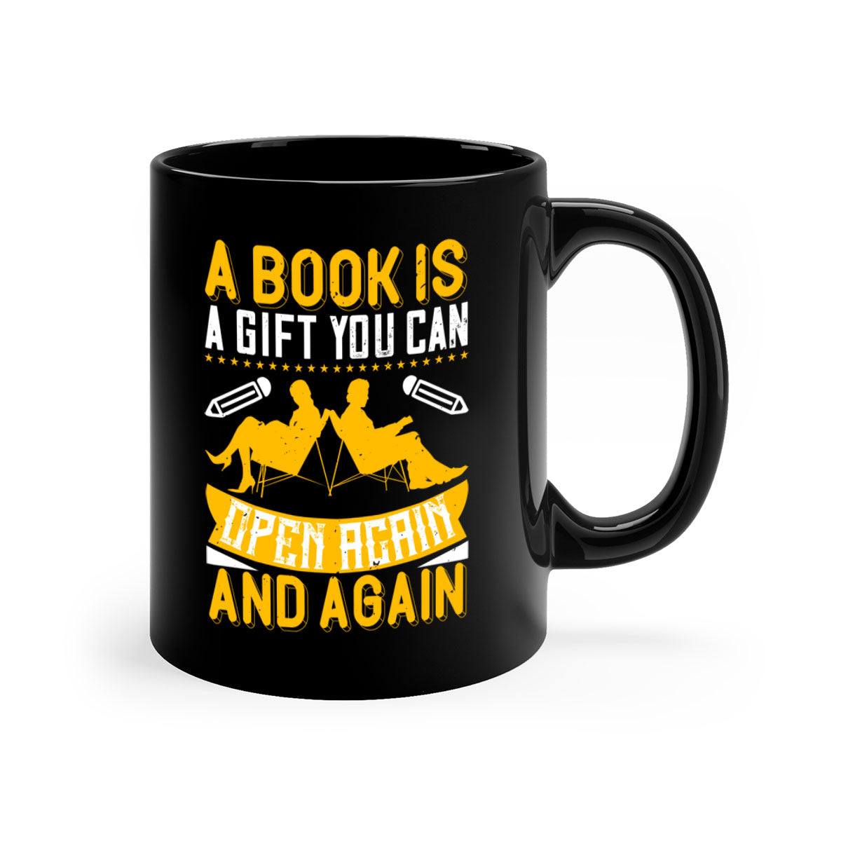 A stylish two-tone ceramic mug featuring a colored handle and interior, perfect for coffee and tea lovers, showcasing the phrase 'A Book is a Gift You Can Open Again and Again'.
