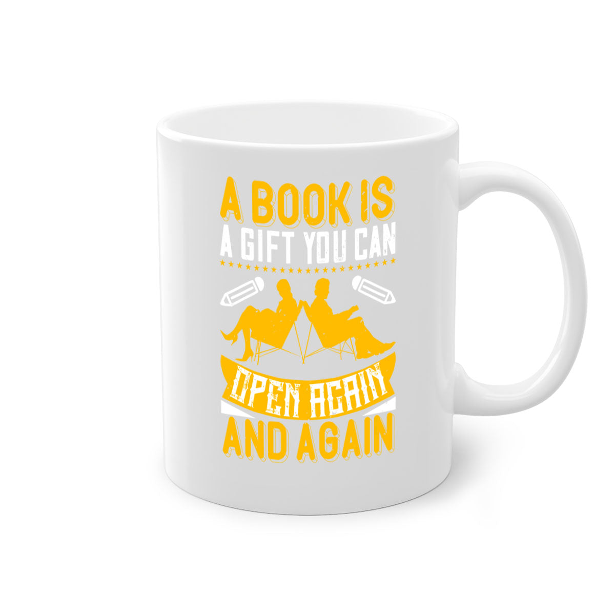 A stylish two-tone ceramic mug featuring a colored handle and interior, perfect for coffee and tea lovers, showcasing the phrase 'A Book is a Gift You Can Open Again and Again'.