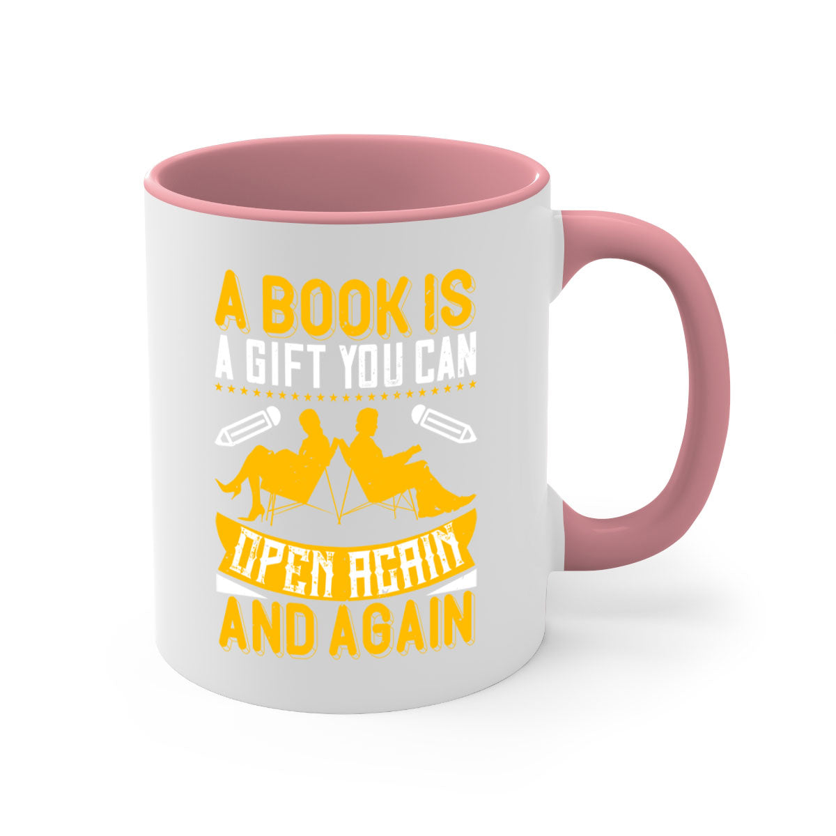 A stylish two-tone ceramic mug featuring a colored handle and interior, perfect for coffee and tea lovers, showcasing the phrase 'A Book is a Gift You Can Open Again and Again'.
