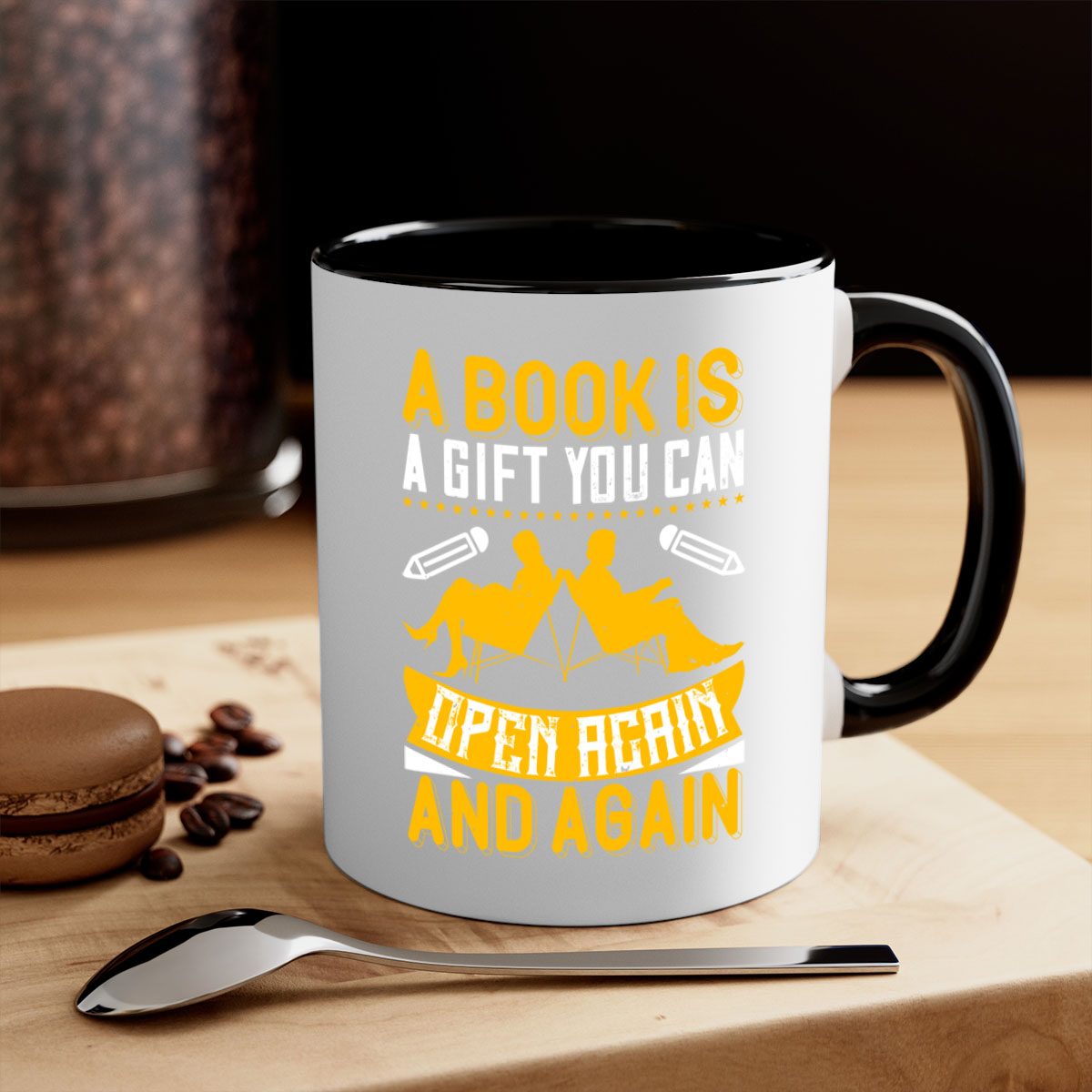 A stylish two-tone ceramic mug featuring a colored handle and interior, perfect for coffee and tea lovers, showcasing the phrase 'A Book is a Gift You Can Open Again and Again'.