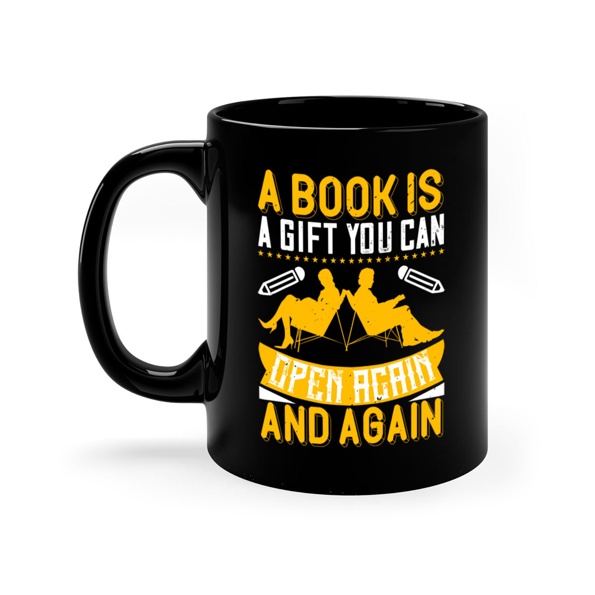 A stylish two-tone ceramic mug featuring a colored handle and interior, perfect for coffee and tea lovers, showcasing the phrase 'A Book is a Gift You Can Open Again and Again'.