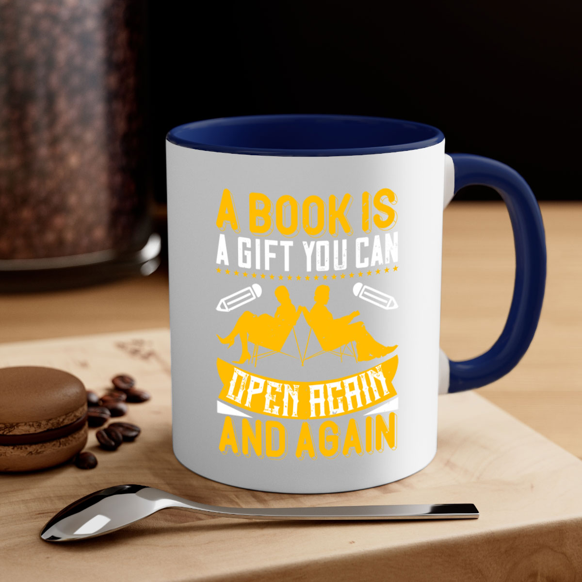 A stylish two-tone ceramic mug featuring a colored handle and interior, perfect for coffee and tea lovers, showcasing the phrase 'A Book is a Gift You Can Open Again and Again'.
