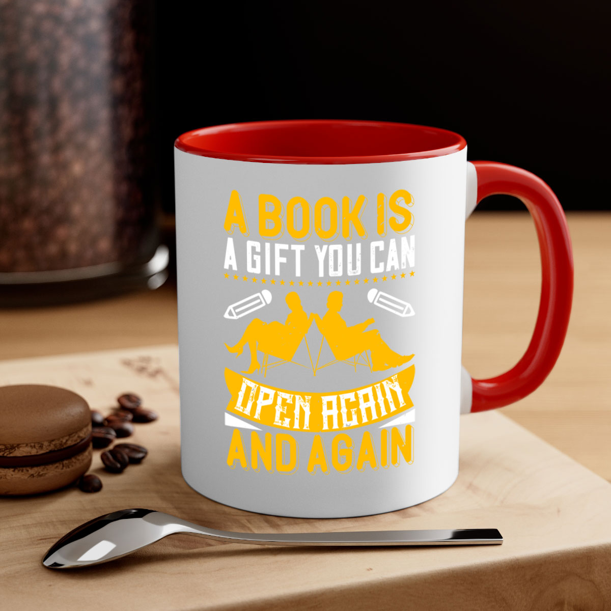 A stylish two-tone ceramic mug featuring a colored handle and interior, perfect for coffee and tea lovers, showcasing the phrase 'A Book is a Gift You Can Open Again and Again'.