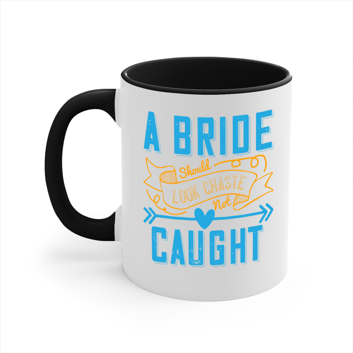 A stylish two-tone coffee mug with a colored handle and interior, featuring the phrase 'A bride should look chaste—not caught 98#'.