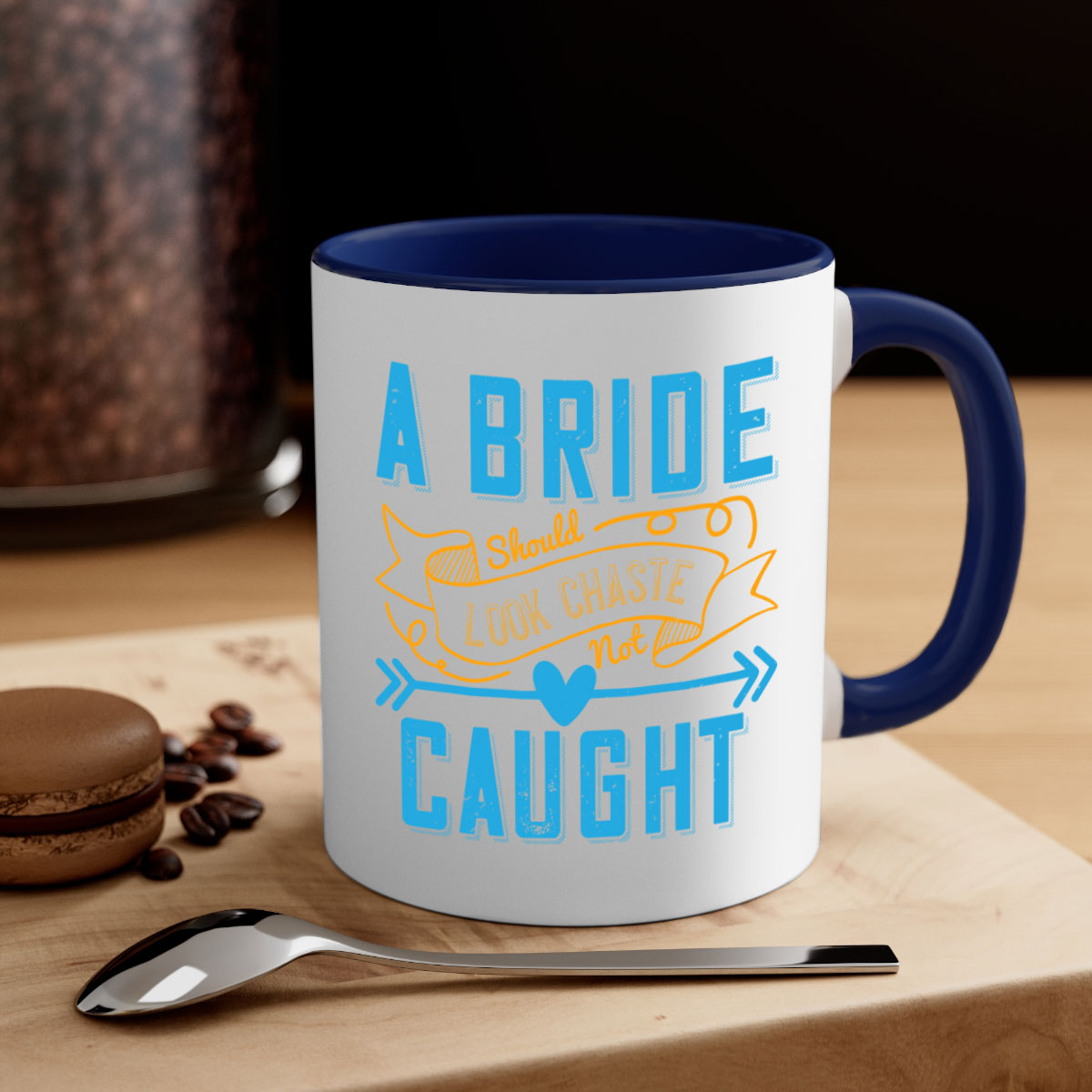 A stylish two-tone coffee mug with a colored handle and interior, featuring the phrase 'A bride should look chaste—not caught 98#'.