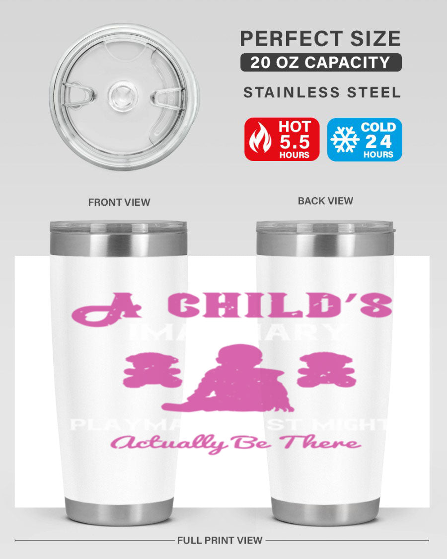 A stylish 20oz and 30oz stainless steel tumbler featuring a whimsical design, perfect for children and adults, showcasing its double wall vacuum insulation.