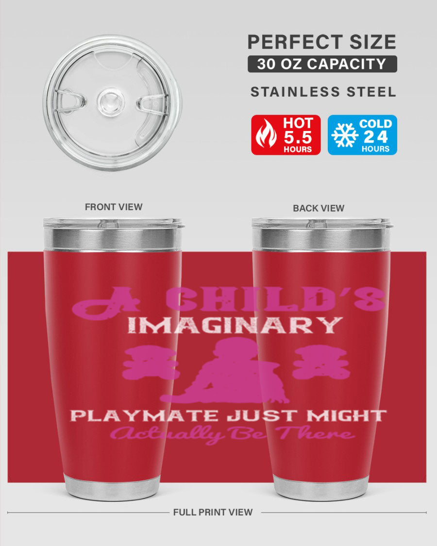 A stylish 20oz and 30oz stainless steel tumbler featuring a whimsical design, perfect for children and adults, showcasing its double wall vacuum insulation.