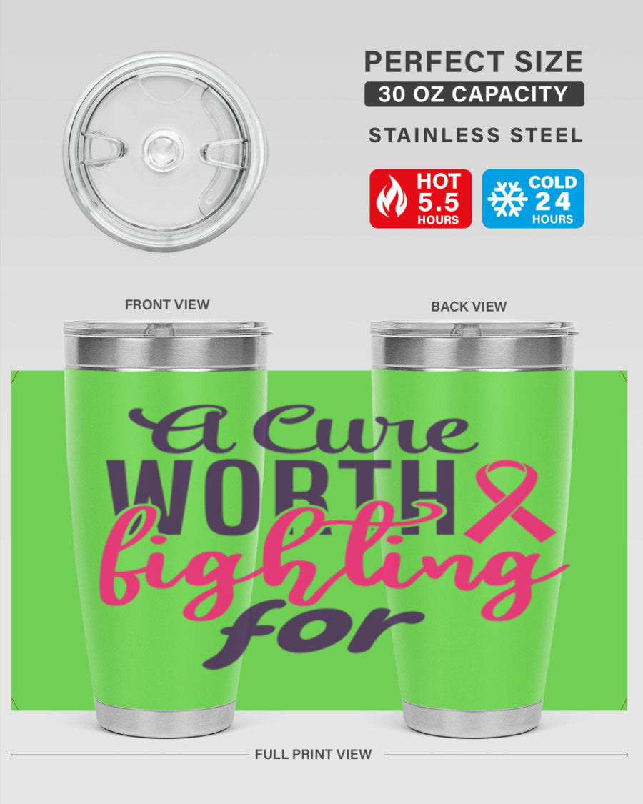 A stylish 20oz and 30oz stainless steel tumbler featuring a breast cancer awareness design, perfect for hot and cold beverages.