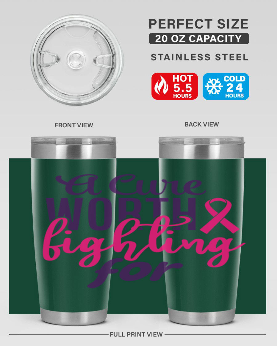 A stylish 20oz and 30oz stainless steel tumbler featuring a breast cancer awareness design, perfect for hot and cold beverages.
