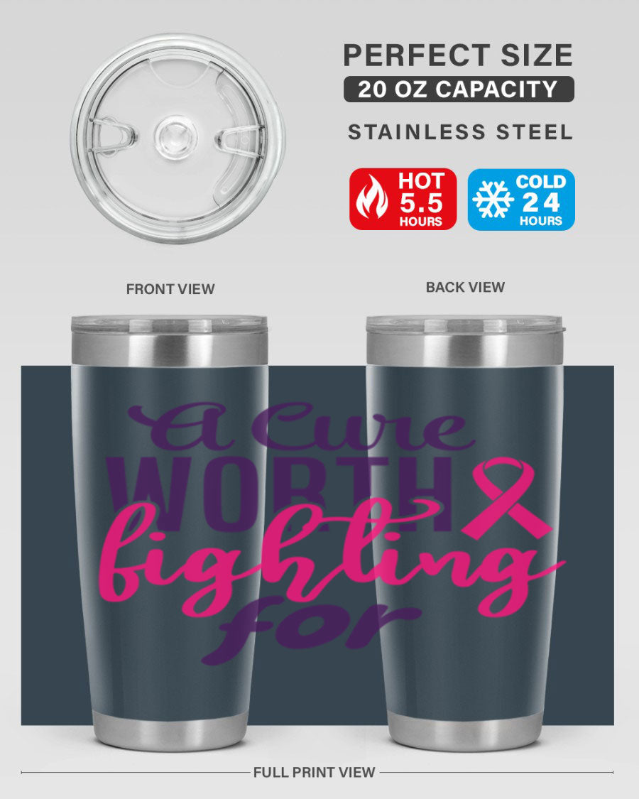 A stylish 20oz and 30oz stainless steel tumbler featuring a breast cancer awareness design, perfect for hot and cold beverages.