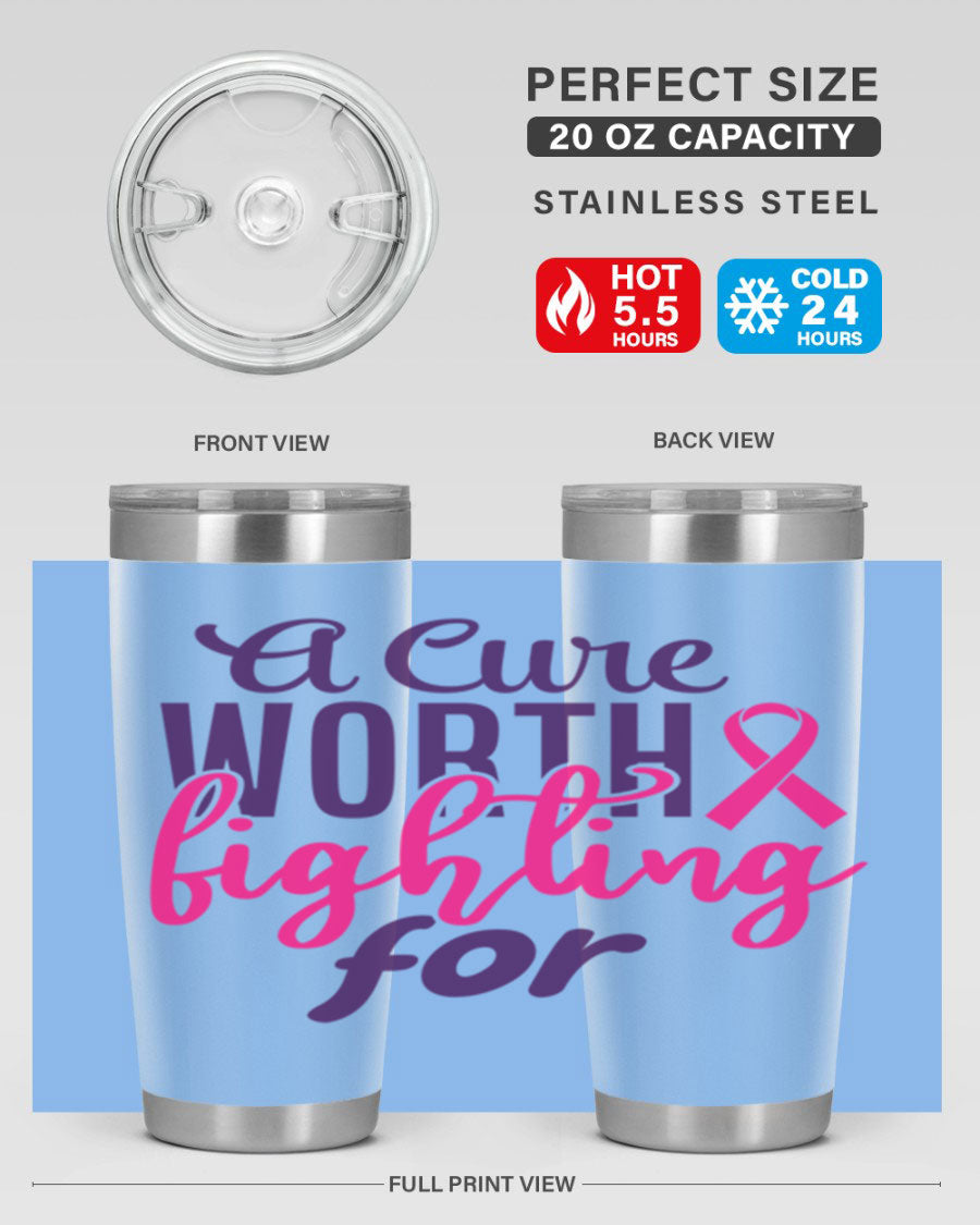 A stylish 20oz and 30oz stainless steel tumbler featuring a breast cancer awareness design, perfect for hot and cold beverages.